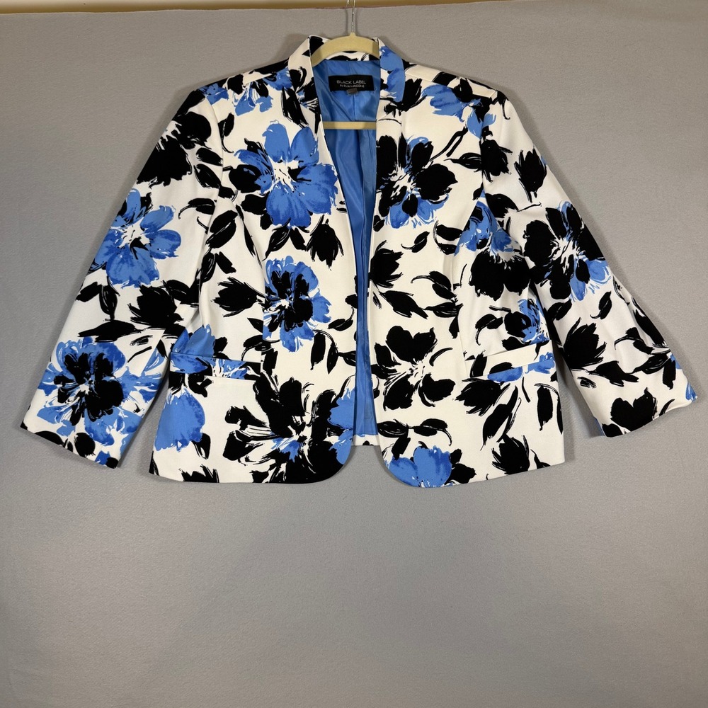 Black Label by Evan-Picone Women Blue Floral Open Front Blazer Jacket Size 16